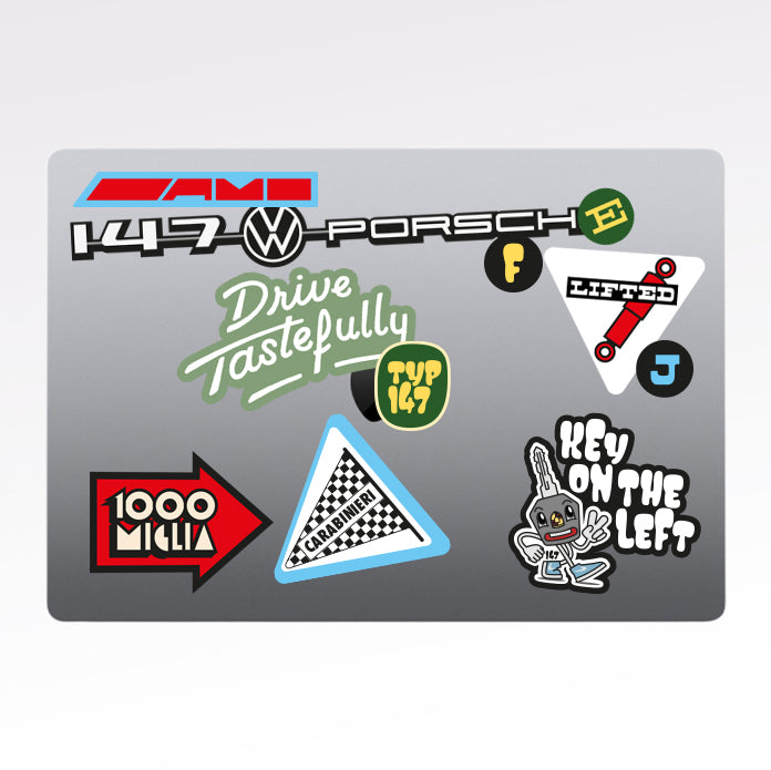 Sticker Set mit Drive Tastefully, Porsche, Mille Miglia und typ147