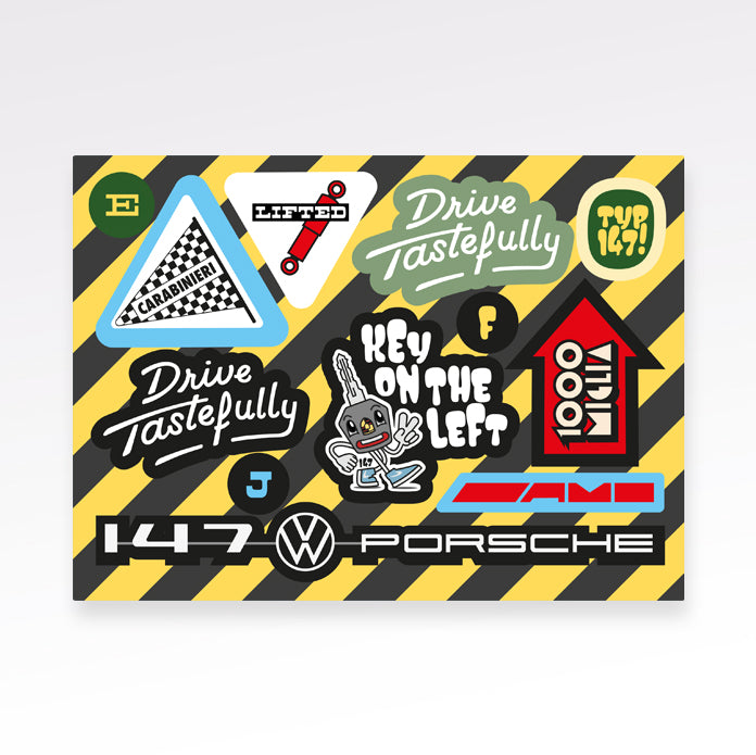 Sticker Set mit Drive Tastefully, Porsche, Mille Miglia und typ147